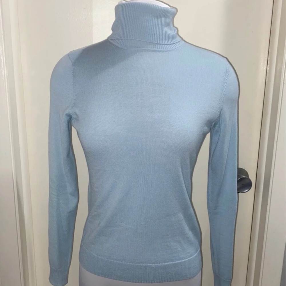 womans baby blue turtle neck